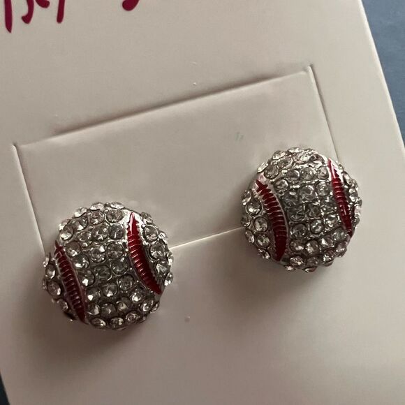 ⚾️ Betsey Johnson Silver Baseball red & white Rhinestone Earrings ⚾️ - Picture 4 of 5